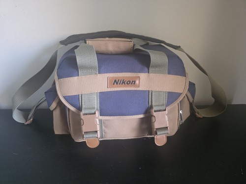 Vintage Nikon Camera Shoulder Bag Blue Tan Canvas