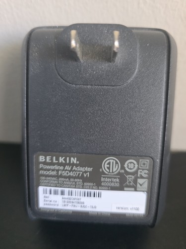 Belkin Powerline AV Adapter F5D4077 V1 Ethernet HomePlug
