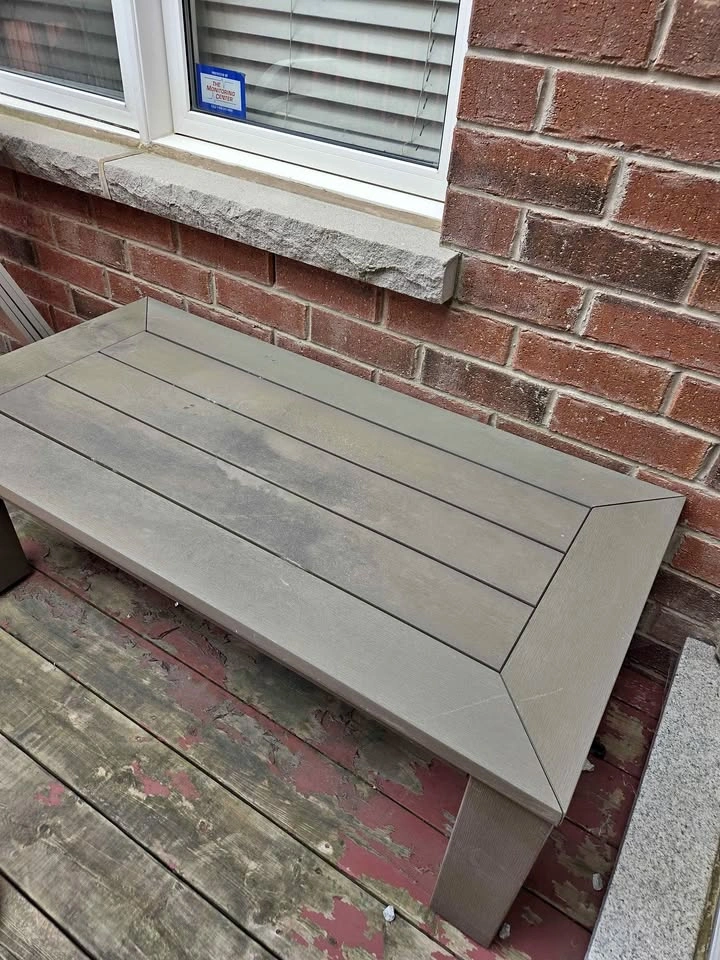 Modern Outdoor Patio Coffee Table – Grey/Brown Slatted Design