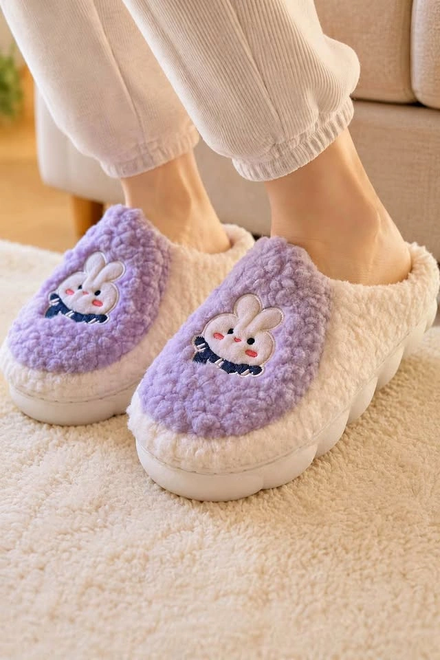 New Cute Rabbit Fleece Slippers - Purple (Size US Women's 7.5-8.