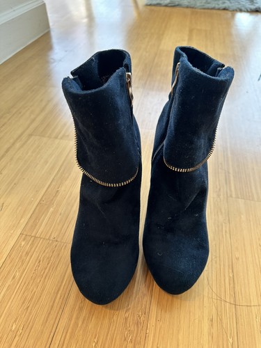 Women's Blue Suede Ankle Boots Gold Zipper Accent Women Sz 6.5