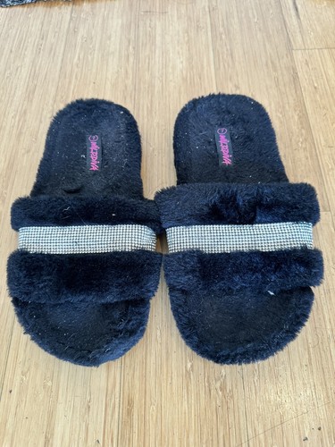 Black Faux Fur Slide Sandals Rhinestone Strap Women Size 6.5 - photo 2