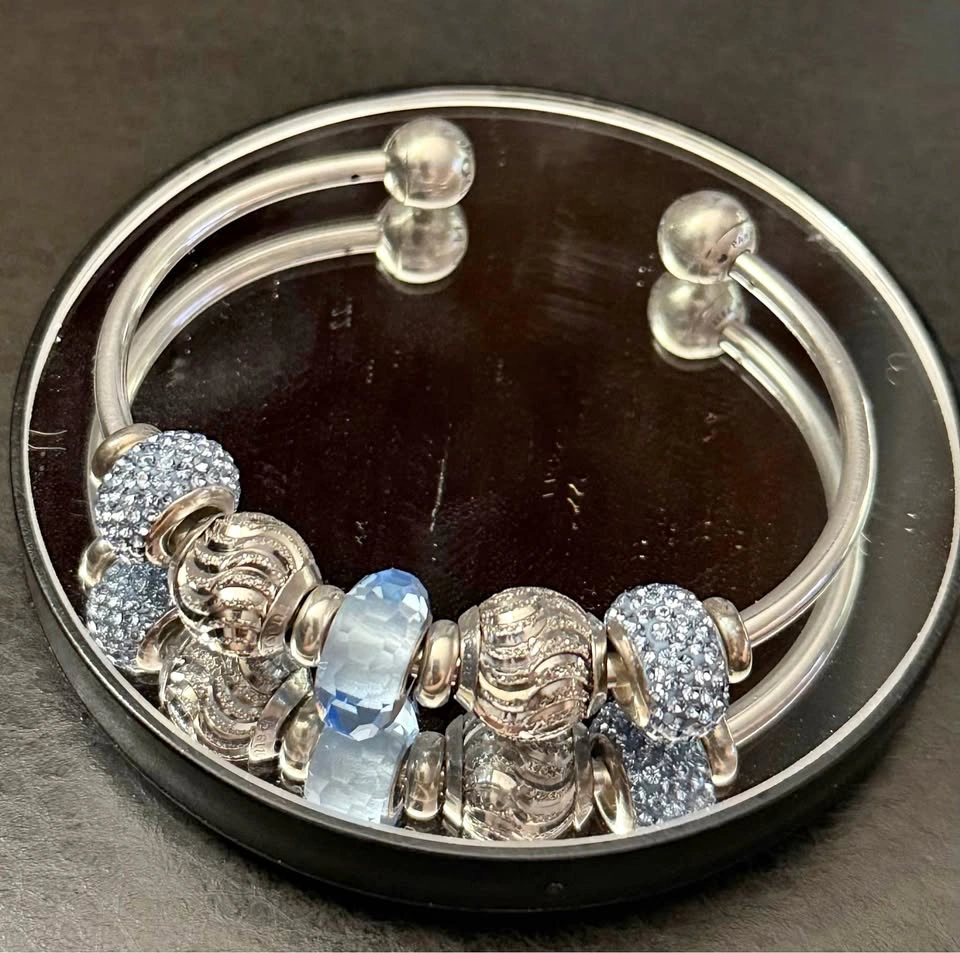 Pandora Open Bangle with Blue and Silver Charms