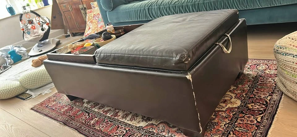 Black Faux Leather Storage Coffee Table with Built-in Trays