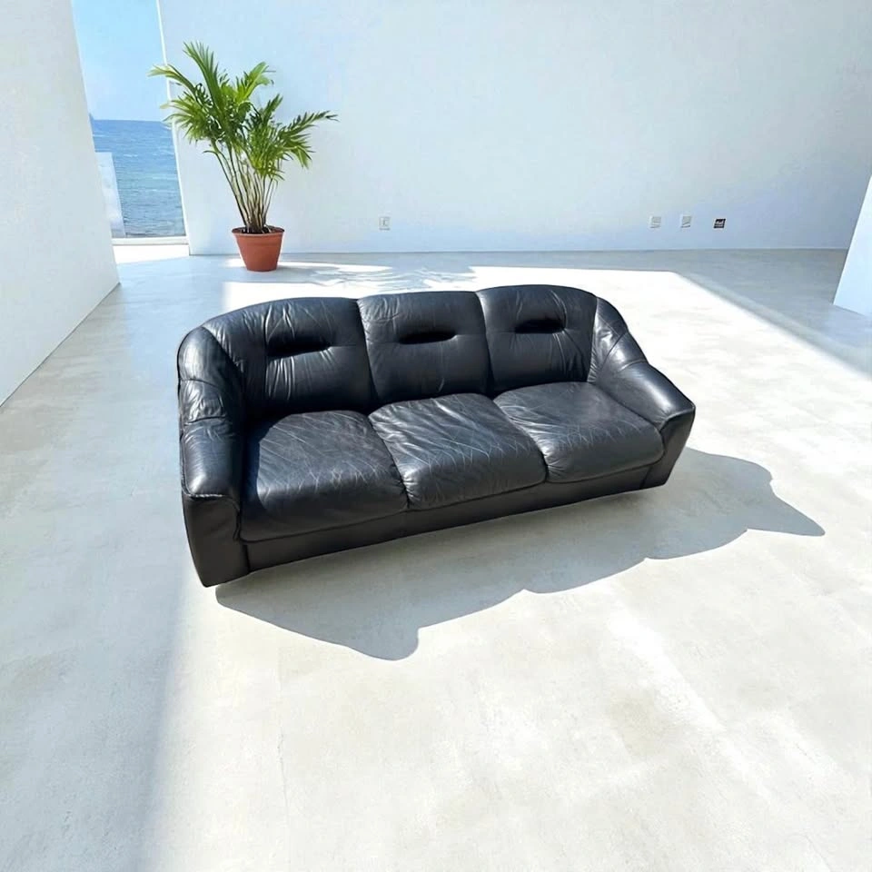 Vintage 3 Piece Black Leather Sofa Set