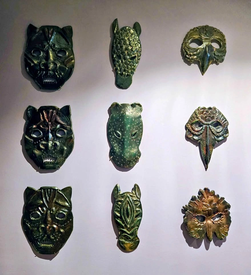 Large 9pc Handmade Ceramic Raku Mask Set - Wall Art Installation