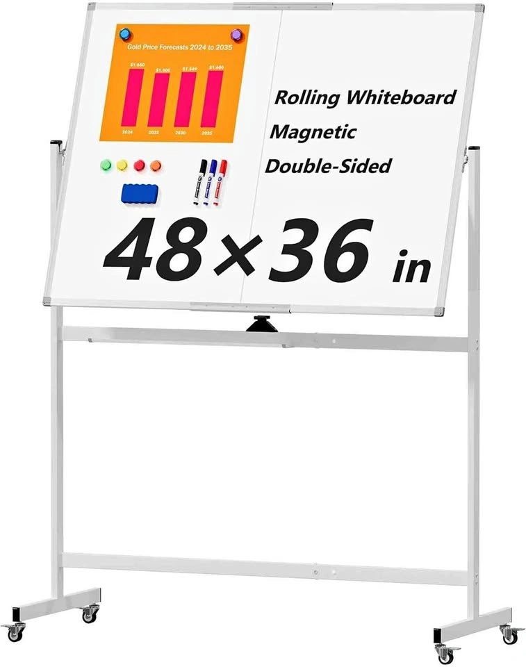 Whiteboard 48 X 36 in, Rolling, Double sided and flip