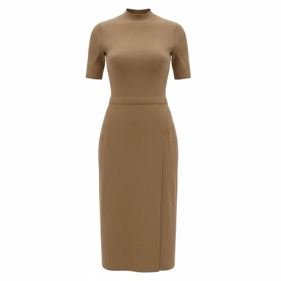 RW&CO Camel Mock Neck Short Sleeve Knit Dress