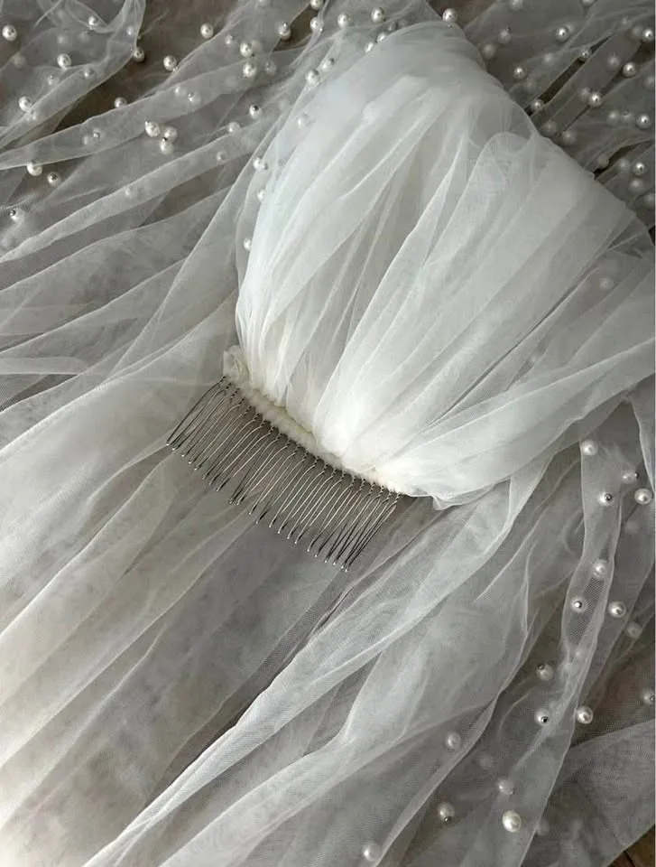 Ivory fingertip Pearl Raw Edge Veil thumbnail