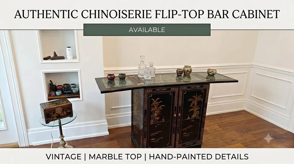 Vintage Oriental Black & Gold Lacquered Flip-Top Bar Cabinet