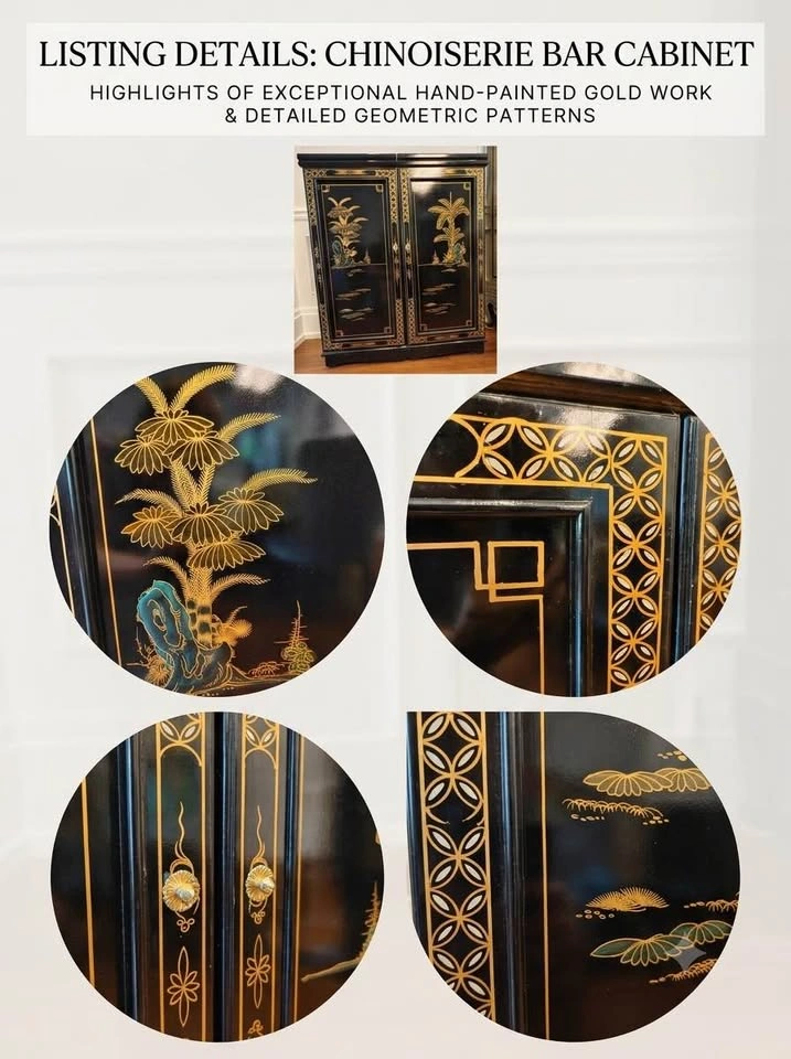 Vintage Oriental Black & Gold Lacquered Flip-Top Bar Cabinet - photo 3