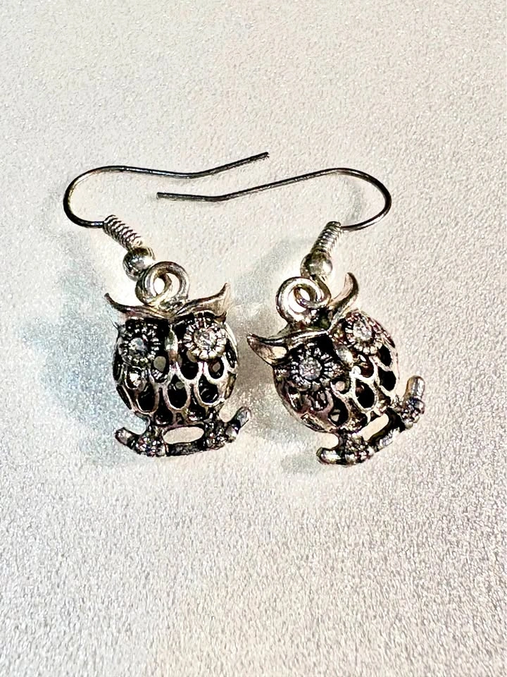 Silver Owl Drop Earrings