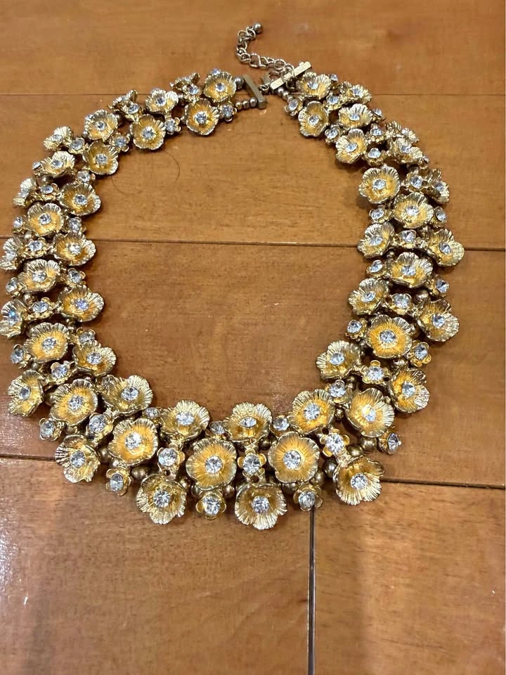 Vintage Gold-Tone Floral Rhinestone Statement Necklace