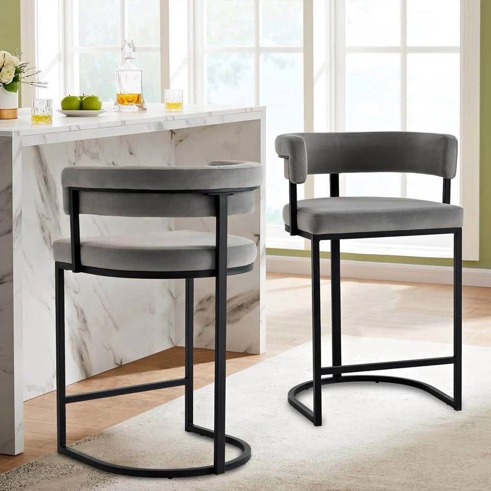 Set of 2 Grey Velvet Bar Stools with Black Metal Frames
