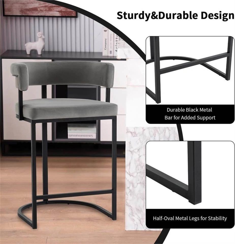 Set of 2 Grey Velvet Bar Stools with Black Metal Frames - photo 2