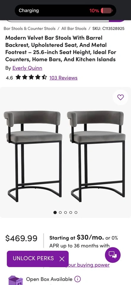 Set of 2 Grey Velvet Bar Stools with Black Metal Frames - photo 4