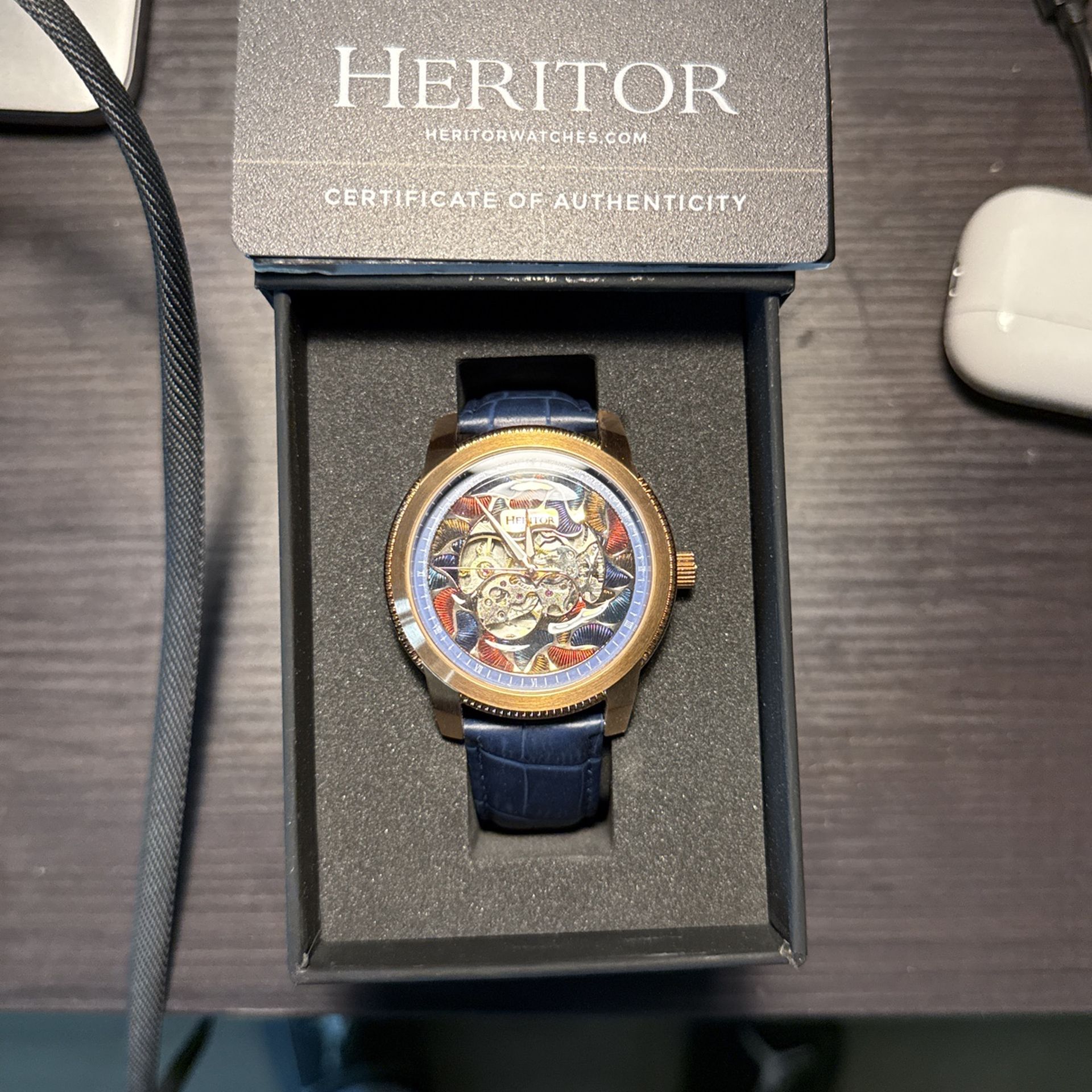 HERITOR Emmanuel Semi-Skeleton Rose Gold/Blue Watch