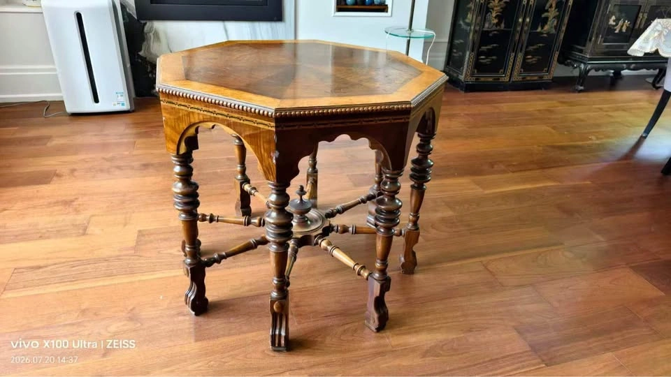 Antique Octagonal Parlor Table – Sunburst Wood Inlay & Spindle L - photo 4