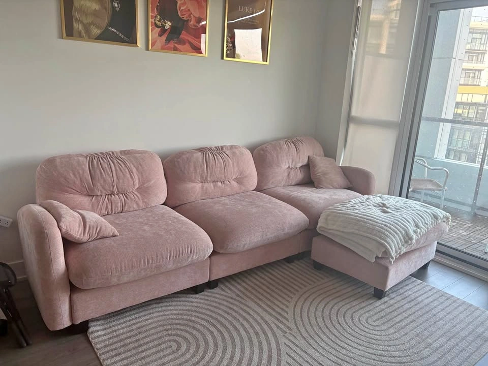 Reversible Pink Chenille Sectional Couch + Ottoman (Like New)
