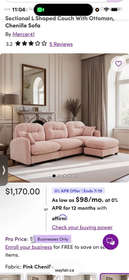 Reversible Pink Chenille Sectional Couch + Ottoman (Like New) - photo 3