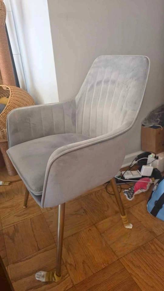A Pair Grey Velvet Channel Tufted Armchair with Gold Legs