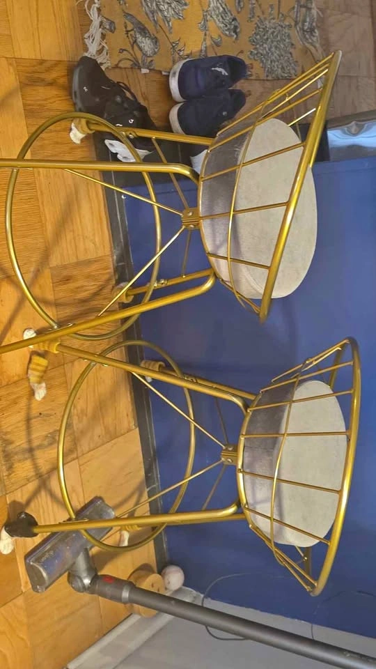 Pair of Gold Metal Bar Stools with Grey Velvet Seats