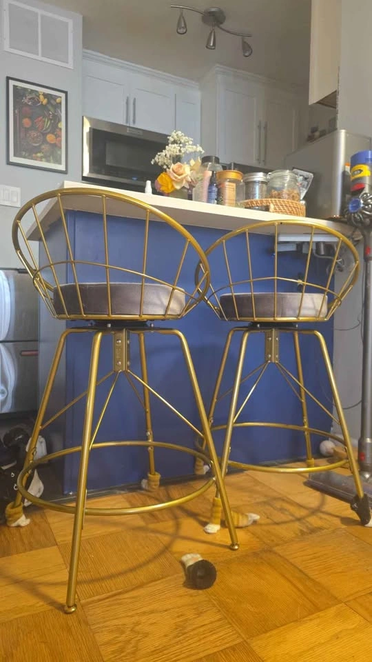 Pair of Gold Metal Bar Stools with Grey Velvet Seats - photo 2