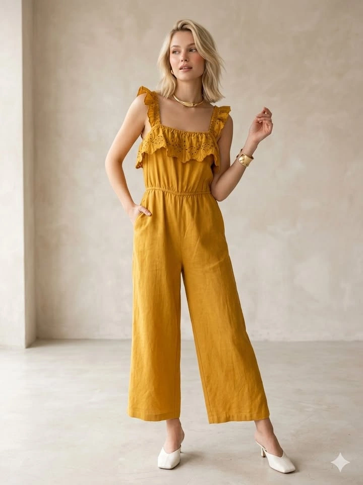Forever 21 Mustard Yellow Eyelet Flounce Jumpsuit – Size S