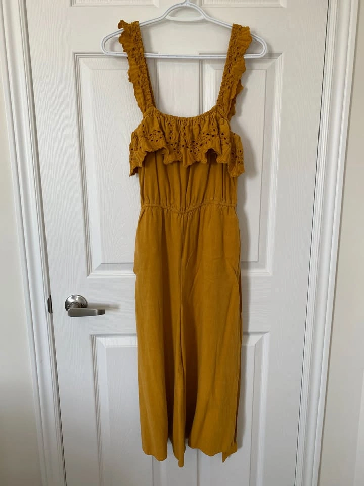 Forever 21 Mustard Yellow Eyelet Flounce Jumpsuit – Size S - photo 2