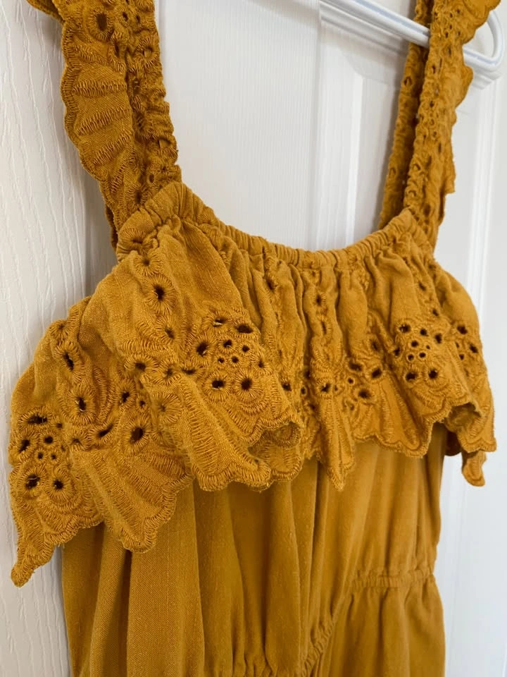 Forever 21 Mustard Yellow Eyelet Flounce Jumpsuit – Size S - photo 3