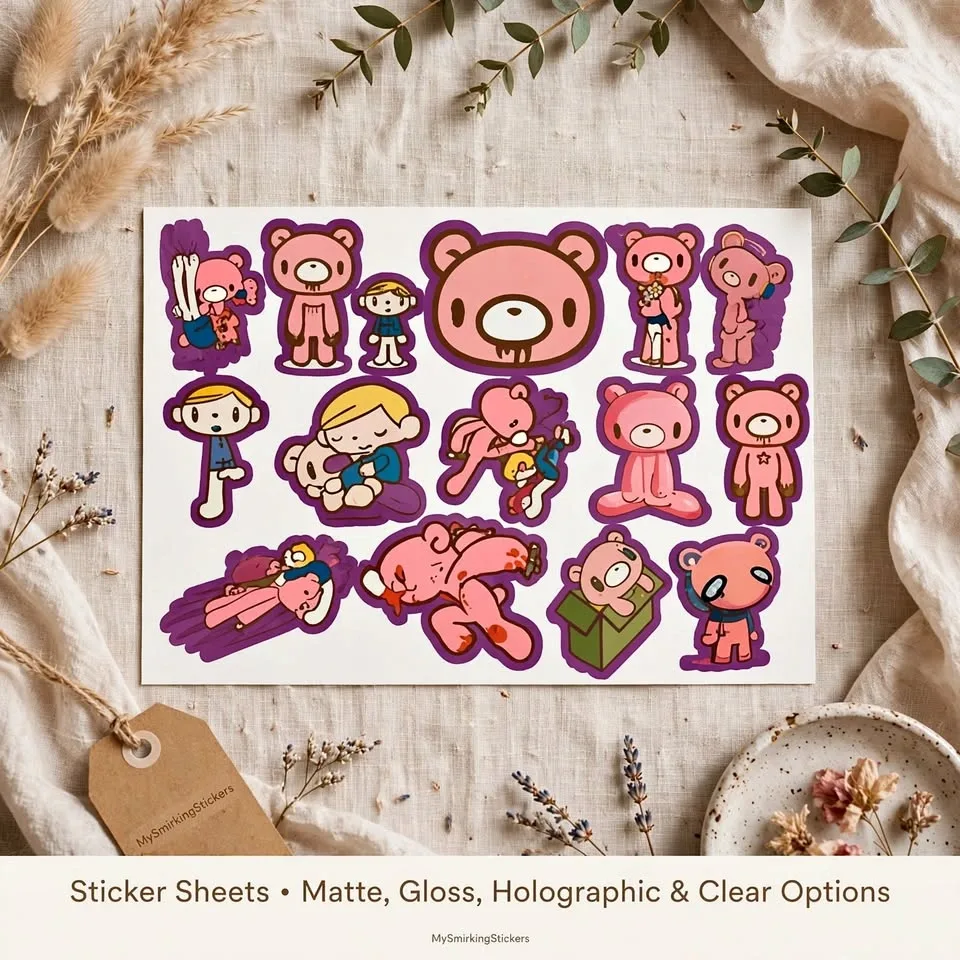 Gloomy Bear Vinyl Decal Sheet - 13 Pink Bear Stickers Pack