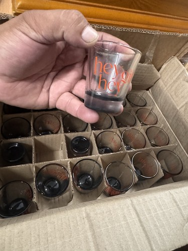 Clear Glass Shot Glasses Set w/ Printed Orange Text Logo, Black