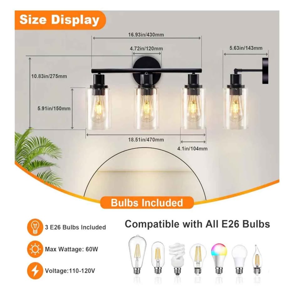 3-Light Black Modern Vanity Lights with Clear Lampshades - photo 2