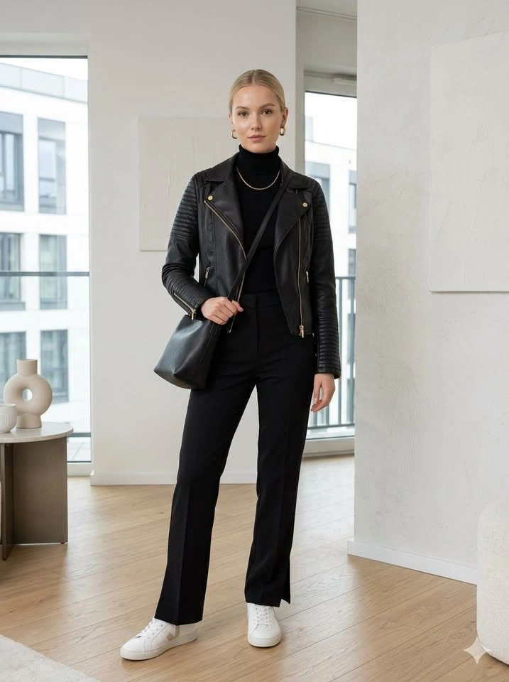 H&M Black Faux Leather Jacket with Gold Accents