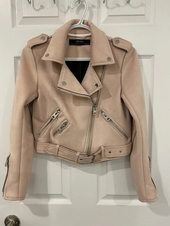 Zara Light Pink Women's Faux Leather Suede Biker Jacket XS - photo 2