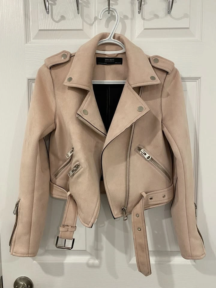 Zara Light Pink Women's Faux Leather Suede Biker Jacket XS - photo 4