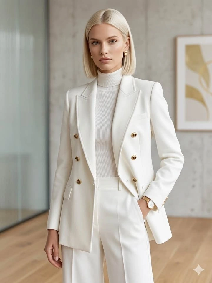 Zara Elegant White Blazer & Trousers Pants Set – Gold Buttons