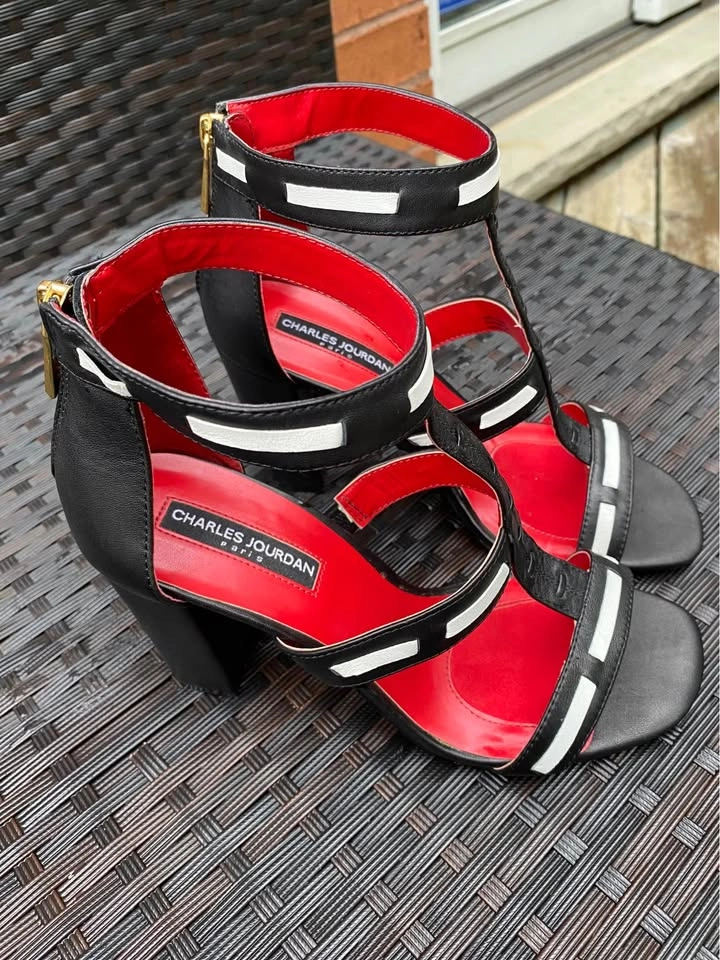 Charles Jourdan Black and Red Strappy Heels - photo 2