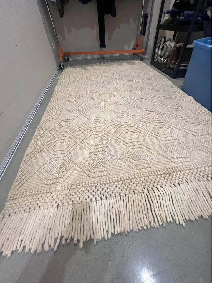 Cream Textured Wool Area Rug with Fringe 5’x9’