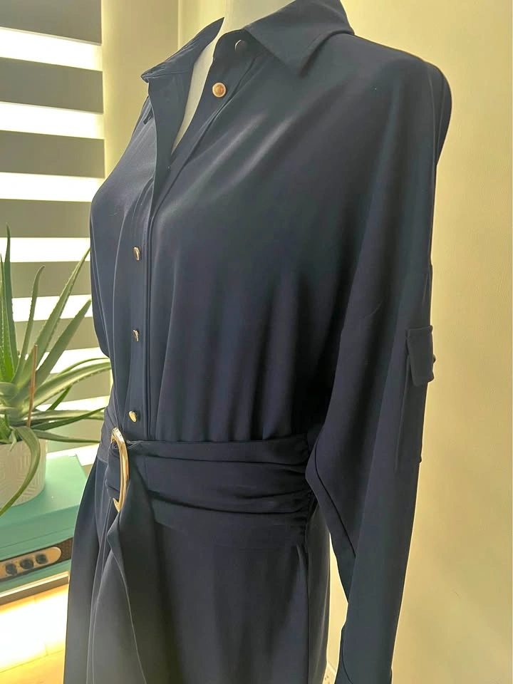 Zara Navy Blue Belted Shirt Dress with Gold Buttons - Size L
