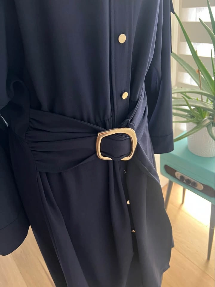 Zara Navy Blue Belted Shirt Dress with Gold Buttons - Size L - photo 2