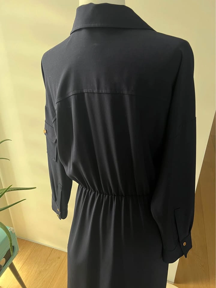 Zara Navy Blue Belted Shirt Dress with Gold Buttons - Size L - photo 4