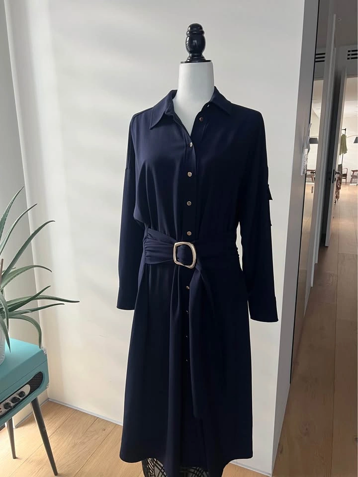 Zara Navy Blue Belted Shirt Dress with Gold Buttons - Size L - photo 5