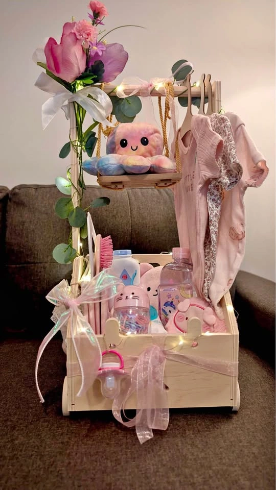 Custom Baby Girl Gift Basket Wooden Cart
