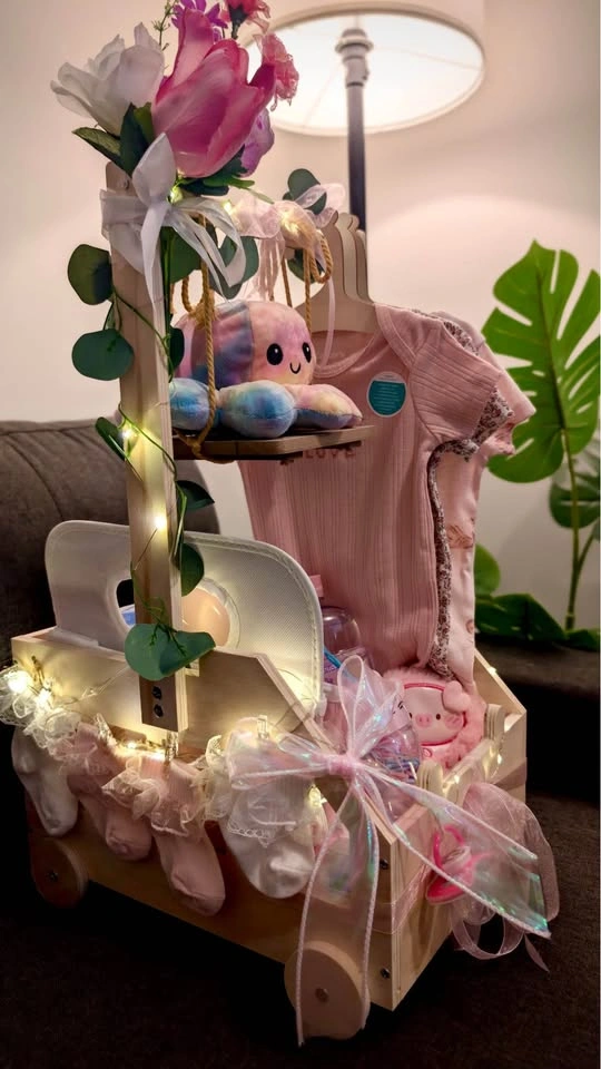 Custom Baby Girl Gift Basket Wooden Cart - photo 3