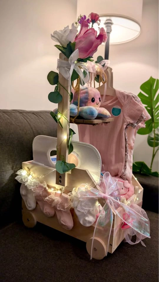 Custom Baby Girl Gift Basket Wooden Cart - photo 4