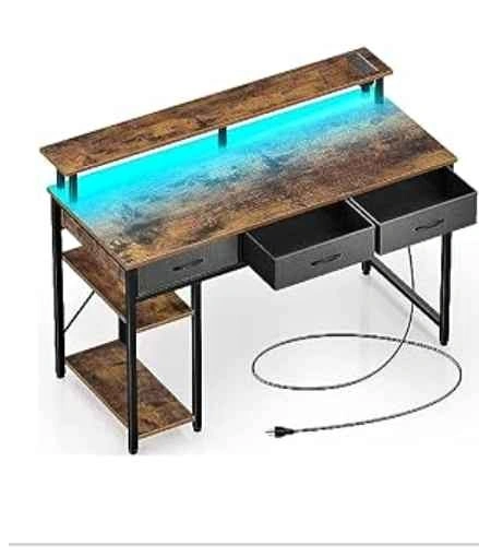 Rustic Computer Desk with LED Lights and Drawers