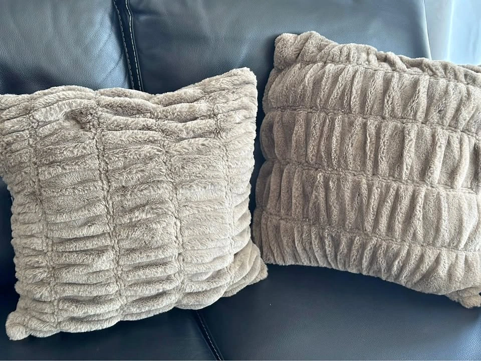 Set of 2 Taupe Textured Faux Fur Throw Pillows