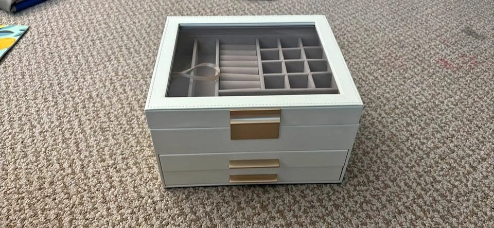 White Faux Leather Jewelry Box with Glass Top