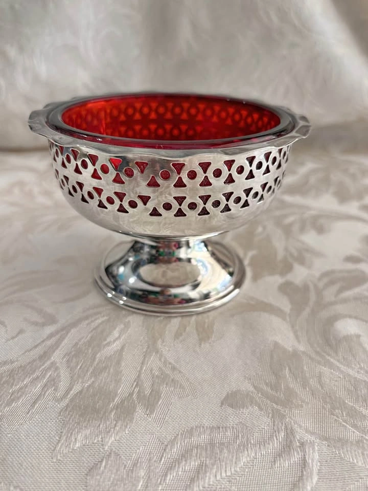 Vintage Silver Plated Bowl with Red Glass Liner - Made in Englan